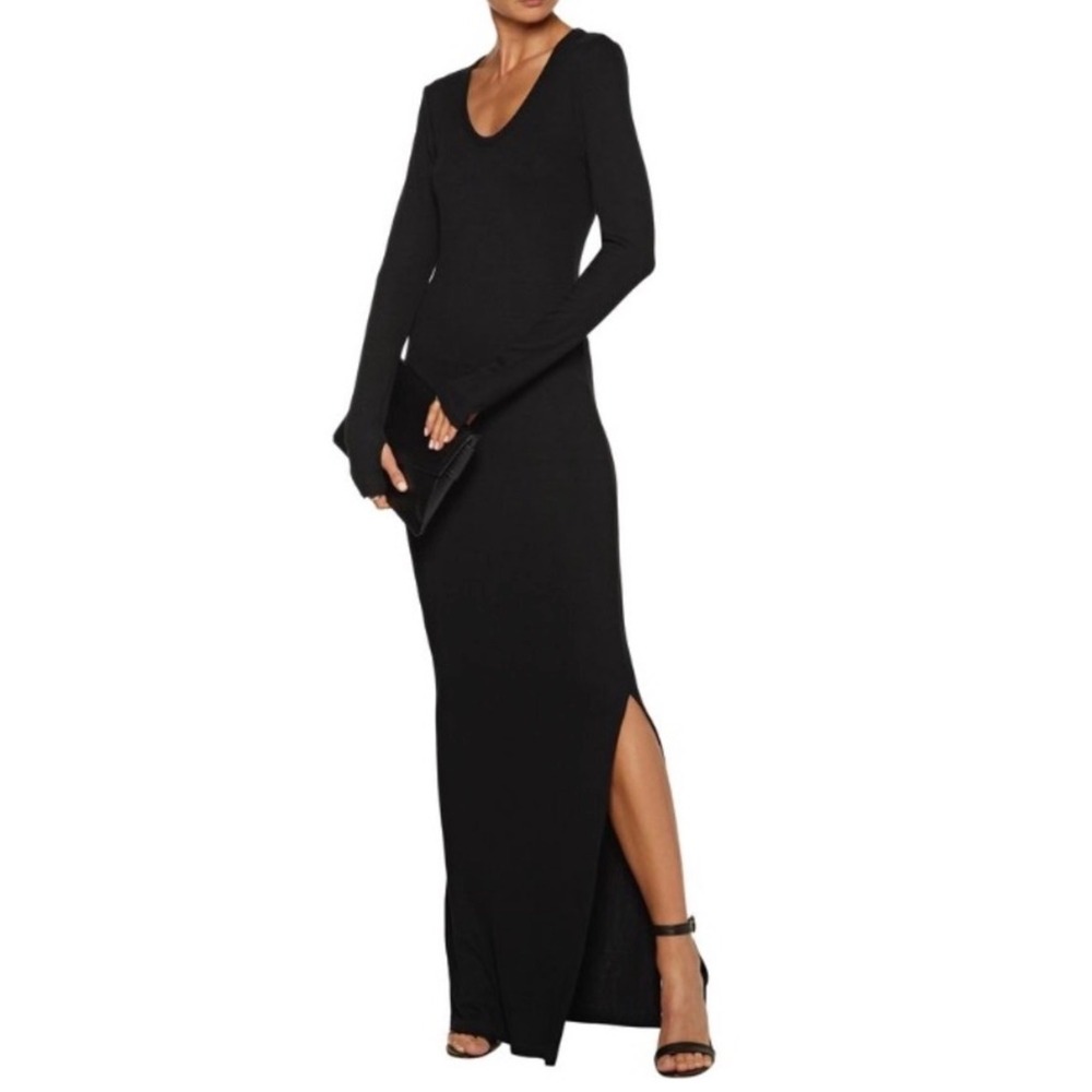 L'Agence | Olympia Maxi Dress S Black Ribbed Long Sleeve Side Slit Scoop Neck